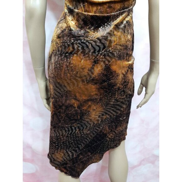 90s Y2k Brown Velvet Halter Dress Size M Mixed Animal Print Gold Glitter Stretch - Picture 9 of 10
